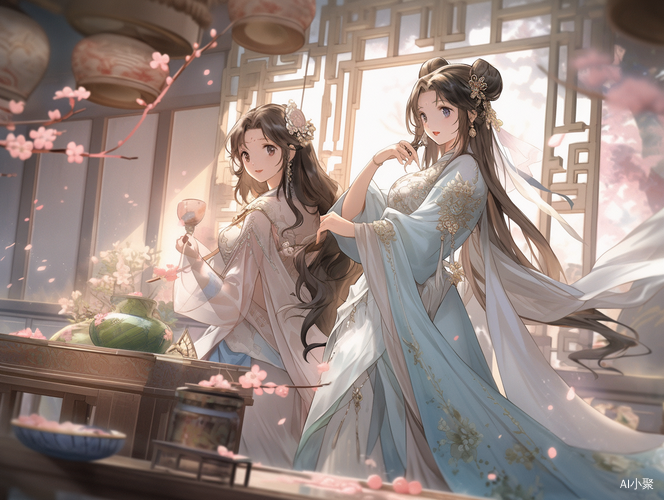 绝色古代女子与浪漫玫瑰：古香古色的大师杰作