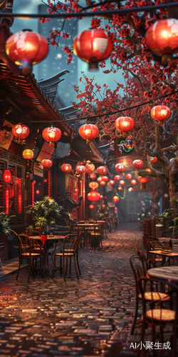 古老木偶戏台，红灯笼围绕，节日氛围浓