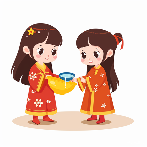 中国女孩倒水到小蓝杯中的简洁卡通插图