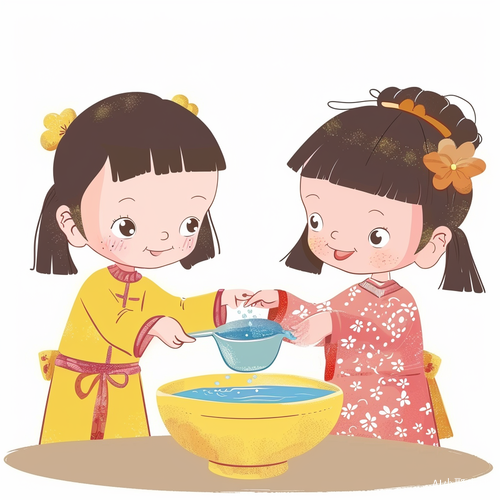 中国女孩倒水到小蓝杯中的简洁卡通插图