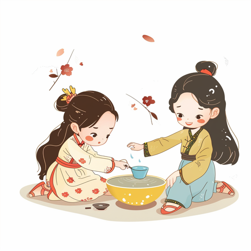 中国女孩倒水到小蓝杯中的简洁卡通插图