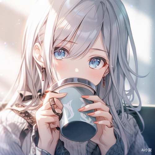 Anime girl enjoying coffee in light silver and light azure style