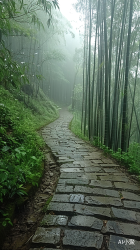 烟雨江南山间竹林小道的雾霾清澈