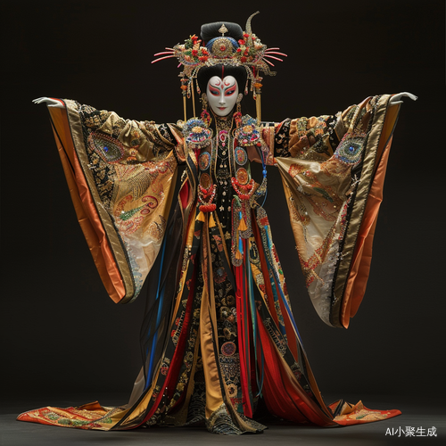 华丽金色丝绸皮影戏服装，细节精致脸谱，唯美人物跃然眼前