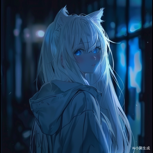 白色长发女子穿超短裙，戴猫耳蓝眼勾人
