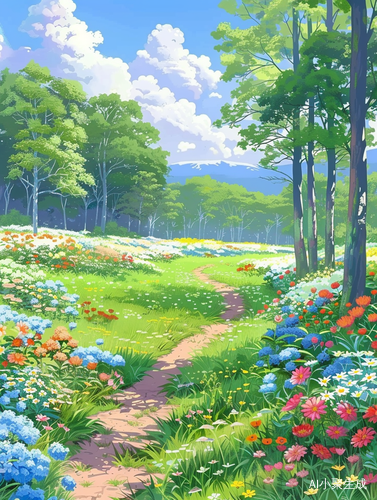 美丽风景画：树木、草地、野花与小路