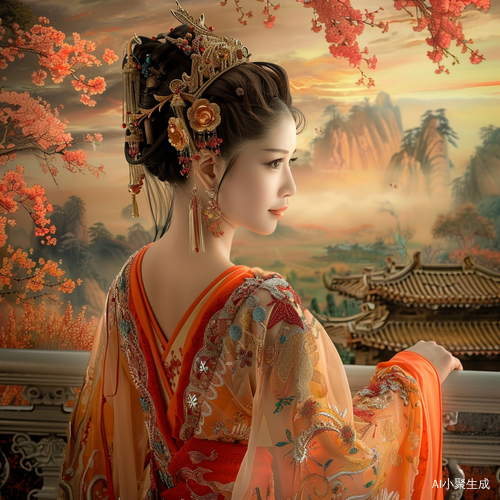 东方山水画中的古装美女回眸