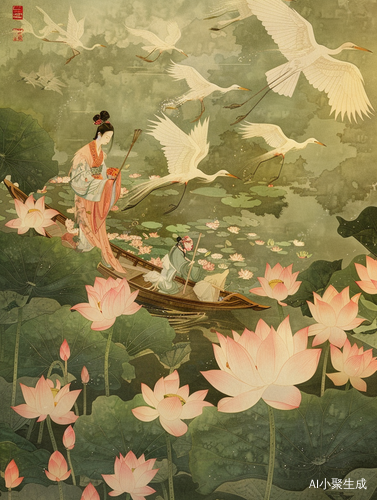 古装少女撑船惊扰白鹭群