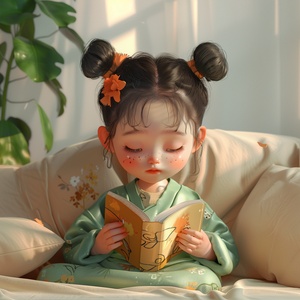 Cute Little Girl Reading: A Chibi-style Chinese Artwork