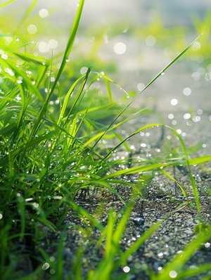 裂缝中 阳光 小草蓬勃地生长 grass 露水 水泥地 微风