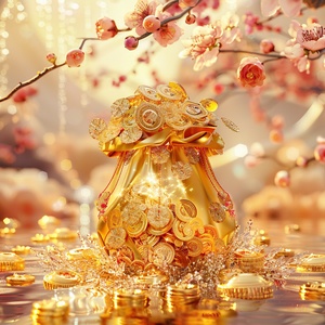 A golden lucky bag with gold coins, plum blossoms and flowing water in the background, and many small metal yellow silver ingots scattered around, creating an atmosphere of wealth and prosperity. The overall composition is symmetrical, and bright colors add to the festive atmosphere. This mobile phone wallpaper uses soft focus style and presents a high-definition front image. It uses digital rendering technology to present an anime-style design, capturing details and emphasizing highlights.