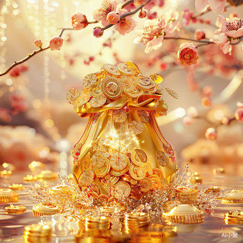 Wealth and Prosperity: Golden Lucky Bag with Coins and Plum Blossoms