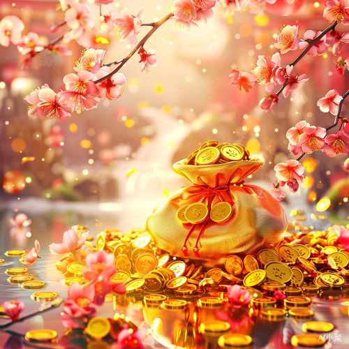 Wealth and Prosperity: Golden Lucky Bag with Coins and Plum Blossoms