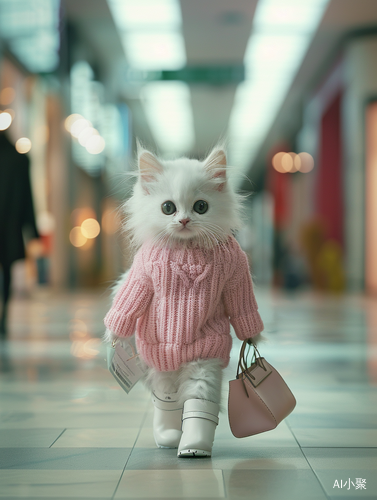 Modern Organic Shopping: A Stylish White Kitten in Pink Sweater and White Boots