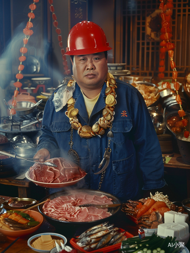 Overweight Chinese Man in Blue Electrician Suit: A Cinematic Feast