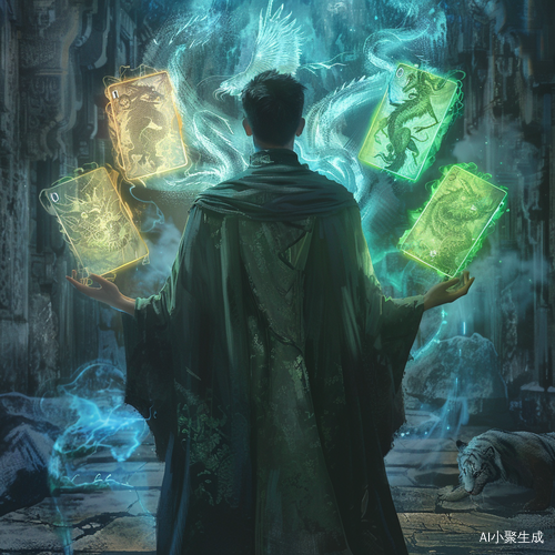 神秘斗篷男子手持五张发光卡牌，背后神兽虚影浮现