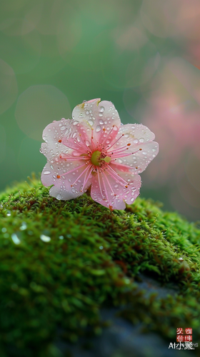 绿色山谷中巨大粉绿色梅花，花瓣上有露珠