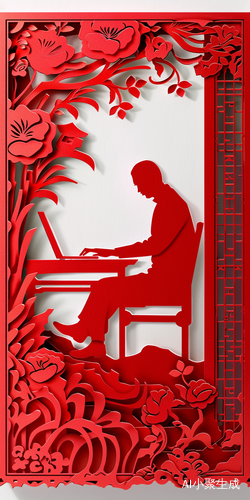 中国剪纸：夸张矢量剪影描绘男程序员打字