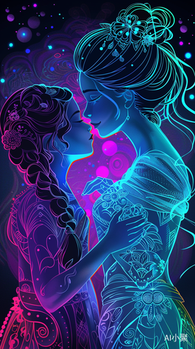 Neon Gradient Rainbow Art: Little Princess and Her Mom on Black Background