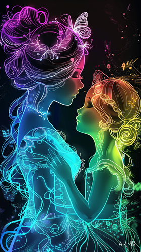 Neon Gradient Rainbow Art: Little Princess and Her Mom on Black Background