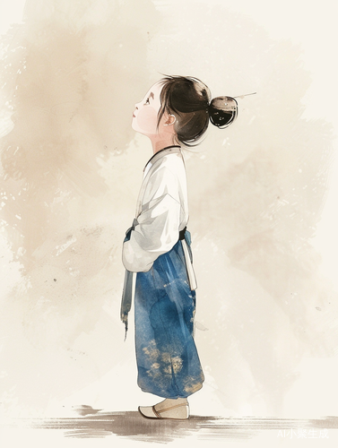 可爱的小中国女孩侧身仰望天空
