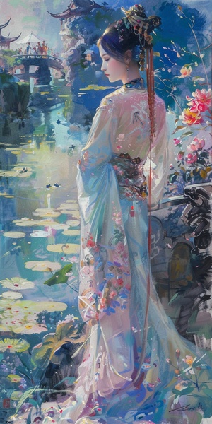 莫奈，John Singer Sargent，中国古典宫廷，柔光淡彩，近景，梦幻彩虹桥，有一位身着唐朝仕女装扮的美少女望向阳光的方向，面部细腻，完美的肢体，丁达尔光线，炫彩光线，童话般的皇宫，花卉绿植，治愈，宁静，梦幻色彩，大师级构图，超细腻，高清，大师作品，HD