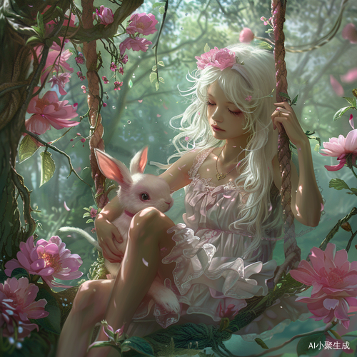 花儿绽放的摇篮：白发女孩抱可爱兔子，如小精灵般迷人