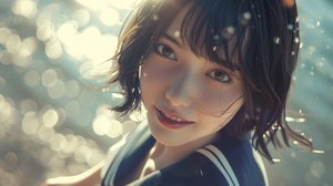 A beautiful girl, short hair, smiling, sailor uniform,, Kamakurabeach, sunlight, highly detailed, knee shot, fujifim superia.by HideakiHamada, hyperrealistic, shot on Canonr5, 50mm f1.4, photo by Rinko Kawauchi ar 2:3 v 5 v 5q