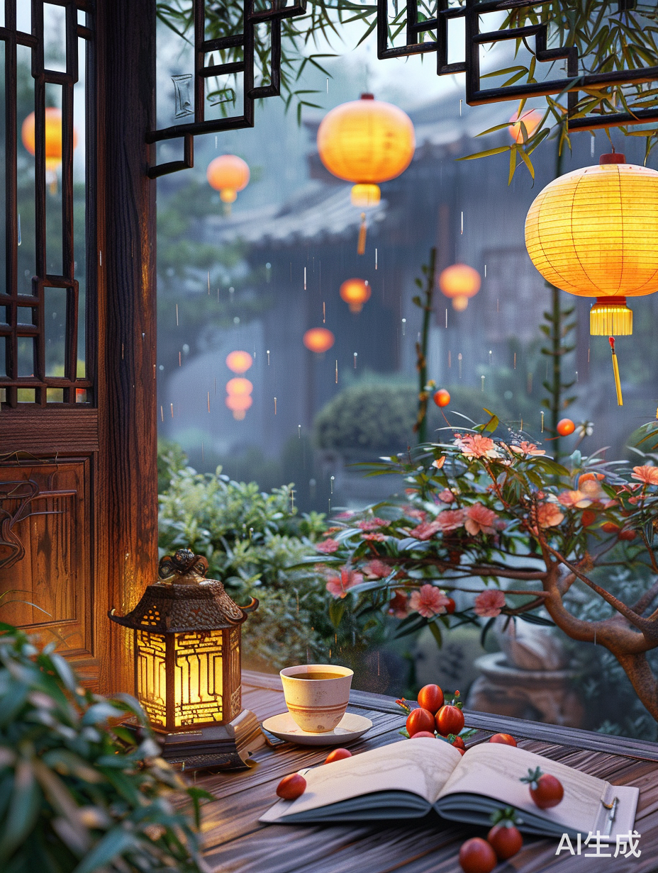 古色古香的中式园林建筑，夜晚的迷蒙氛围