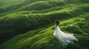 Green sea of grass, girl in white wedding dress, curly hair, elegant figure, elegant yarn, hazy beauty of windblown grass, sea level, waterfall, top view, panorama, Canon, ios 100, f2.8, focal length 400, 8k ar 16:9