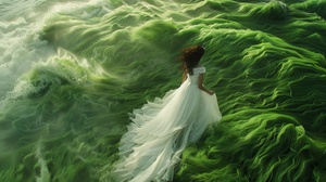 Green sea of grass, girl in white wedding dress, curly hair, elegant figure, elegant yarn, hazy beauty of windblown grass, sea level, waterfall, top view, panorama, Canon, ios 100, f2.8, focal length 400, 8k ar 16:9