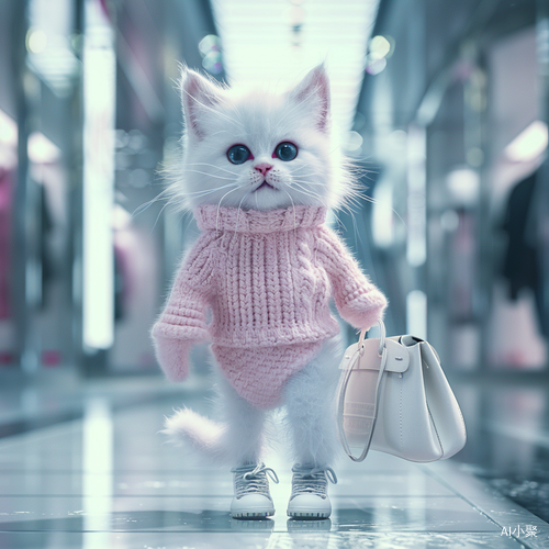 Modern Organic: A White Kitten Shopping for Clothes in a Mall