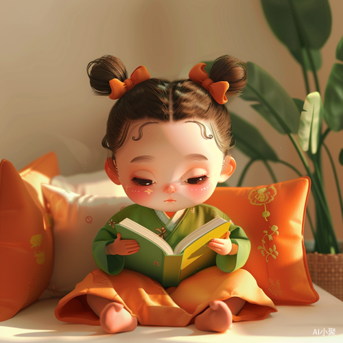 Adorable Little Girl Reading on Sofa