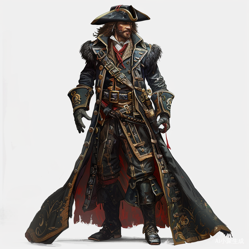 Product Design Sheet for Pirate-themed Steampunk Coat with Colored Pencil Rendering on a White Background