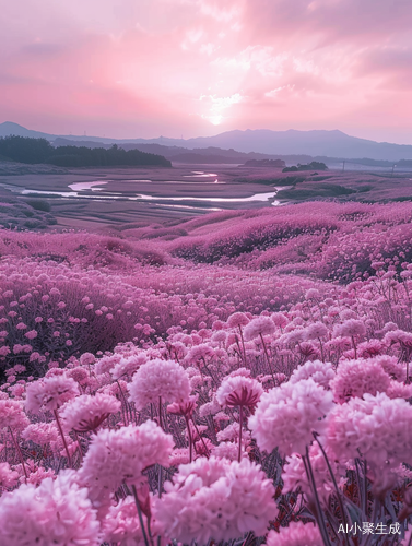 整齐排列的格桑花海，山峰河流若隐若现，魔幻的粉色天空