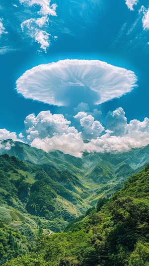 A huge round jellyfish-shaped white cloud falls in the green valley, Hangzhou shot, blue sky, panorama, real scenery v 5.2