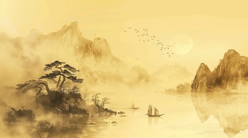 色调为浅黄色，中国古代水墨画，大场景，平视，左边是山右边是水，山上有几颗小树，水里有一艘小船，右边角落有几座没有左边高的小山，画面高级神秘，充满意境。