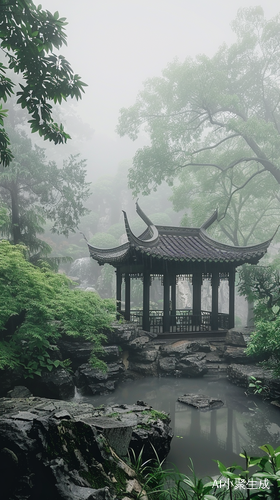 唐宋风格山水亭台楼阁与下雨天