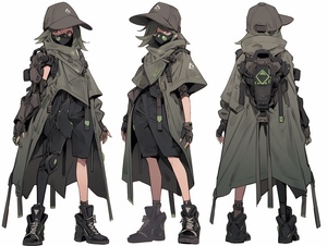 Full body model drawing, mainly frontal. The overall shape is full of wasteland. Black, with military-green skirts, knitted hoods, deconstructed leather undergarments and futuristic metal headwear, creates a fragmenting sense of decadence.