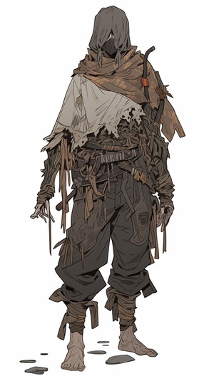 Full body model drawing, mainly positive model, with dark gray and khaki colors, with a pattern similar to dead wood grain on the clothes, with a worn texture and tear effect, reflecting the barren and tough world of wasteland, the shape should be loose and with some irregular wrinkles, adding some rusty metal decorative accessories to embellish.