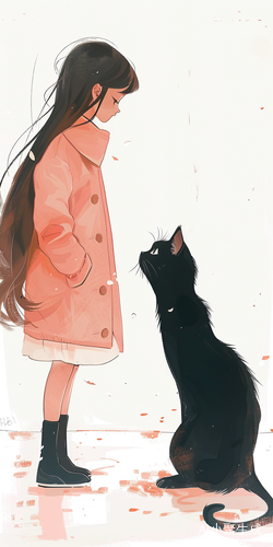 长发女孩与黑色卡通猫咪的简洁线条画