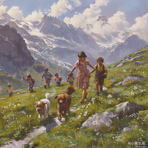 大山里的狗牵引小孩奔跑