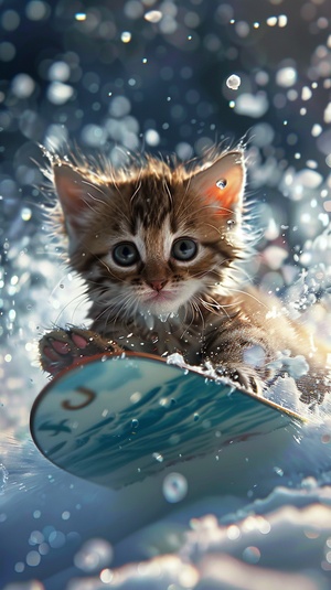 Create an image of a cute kitten and cat snowboarding; with many details, vibrant colors; ultra HD; Walt Disney tale style –ar 16:9 –v 5 –q 0.5