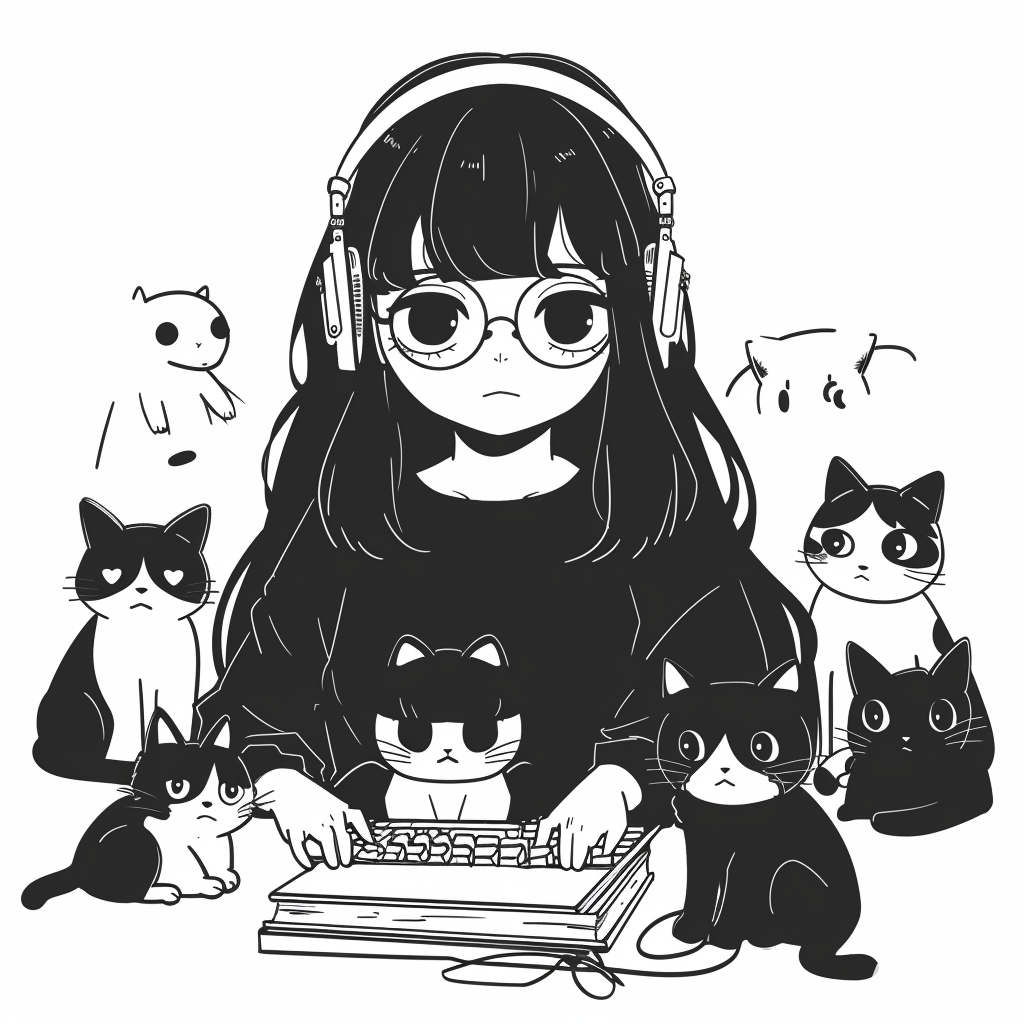 Q版风格的黑发女性与猫的极简艺术作品