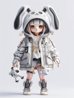 Chinese zodiac, super cute girl wearing rabbit shaped hat, tech elements, stylish clothes, super cute IP by POP MART, hbi, model, blind box toy, fine gloss, clean background, 3drender, OC rendering, best quality, 4K, super detail, front view, POP market toy, studio lighting, front view, standing pose, ar 3:4中国十二生肖，超级可爱的女孩带着熊猫造型的帽子，科技元素，时尚的衣服，超级可爱的ip由pop mart，chi bi，模型，盲盒玩具，精细的光泽，干净的背景，3d渲染，oc渲染，最好的质量，4k，超级细节，正面视图，pop市场玩具，工作室照明，站姿🌟