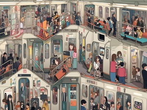 in style of Chris Ware，传统漫画，简笔画，密密麻麻上班的人，挤满人的地铁，过道上也挤满了人，夸张的画面，高分辨率 ，全身视角，