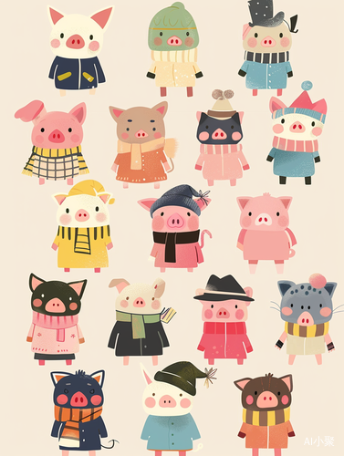 Cute Cartoon Pig Illustrations: Hats, Scarves, and Expressions