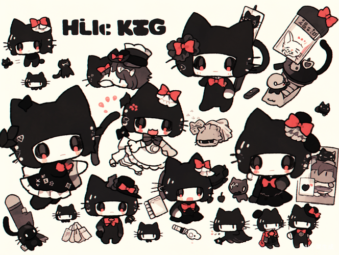 Hello kitty贴纸，卡通可爱风格，大胆线条纯黑色