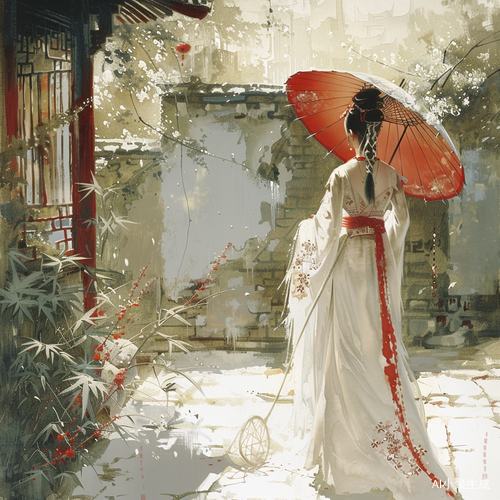 中国古风唯美意境插画：芳香绕院春美