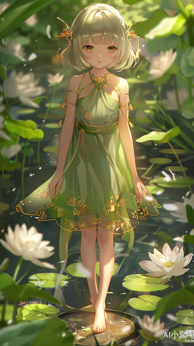 Beautiful Little Anime Girl Standing on a Golden Edged Flower